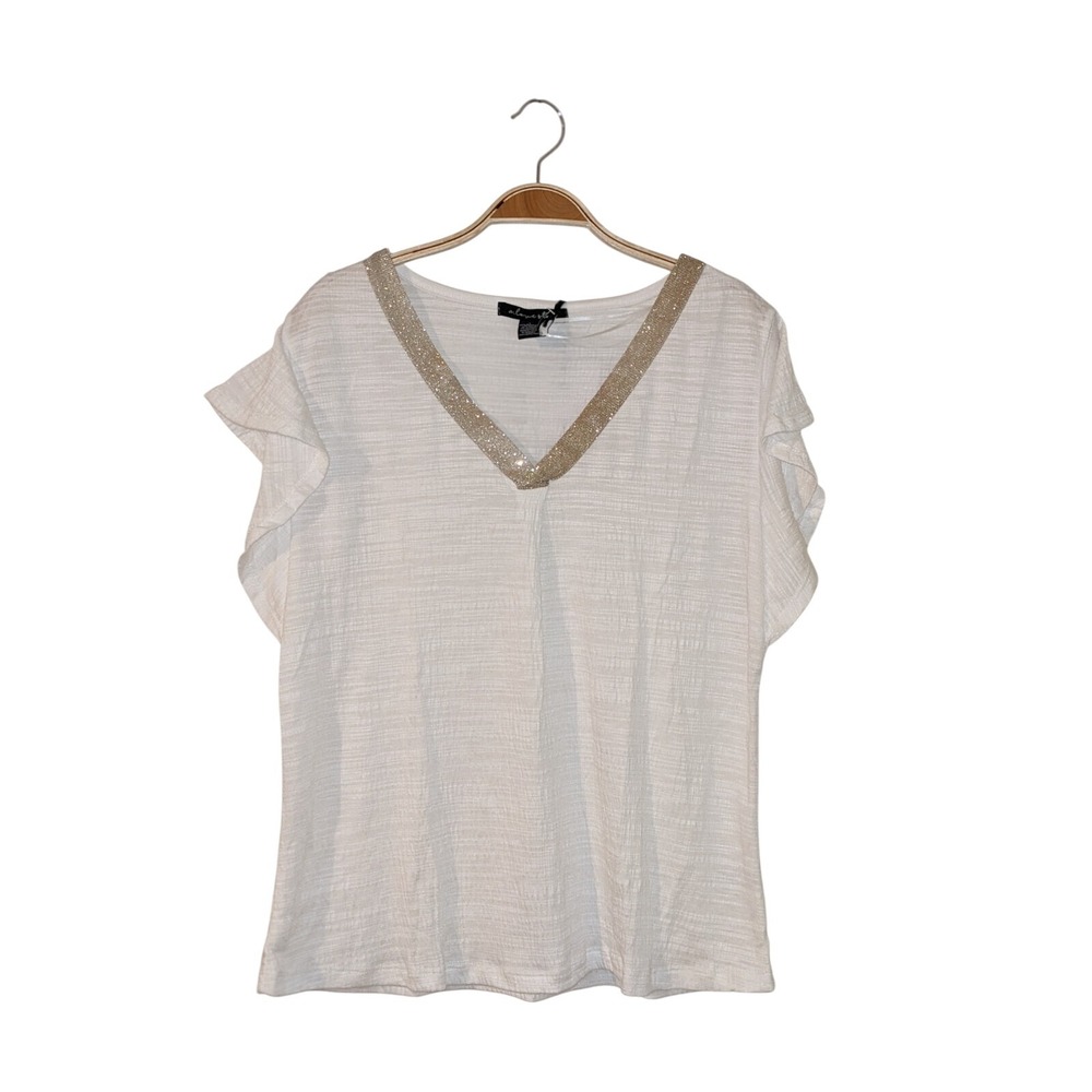 A Love Story Bright White V Neck Gold Trim Ruffled Short‎ Sleeve Sz Large NWT